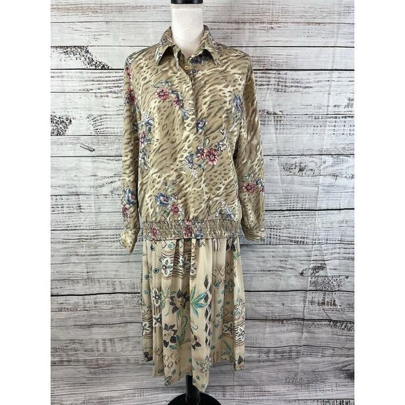 Alfred Dunner Mismatch 2pc Blouse Skirt Set size 8 Tan Floral Granny Core Modest - Picture 4 of 16